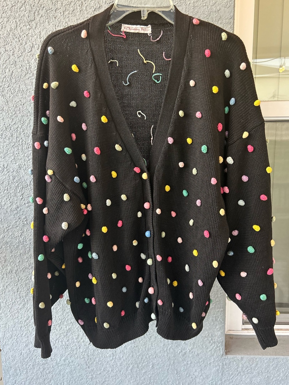 Christine Foley Pom Pom Colorful Cardigan Sweater Size Medium Fall Winter Wear